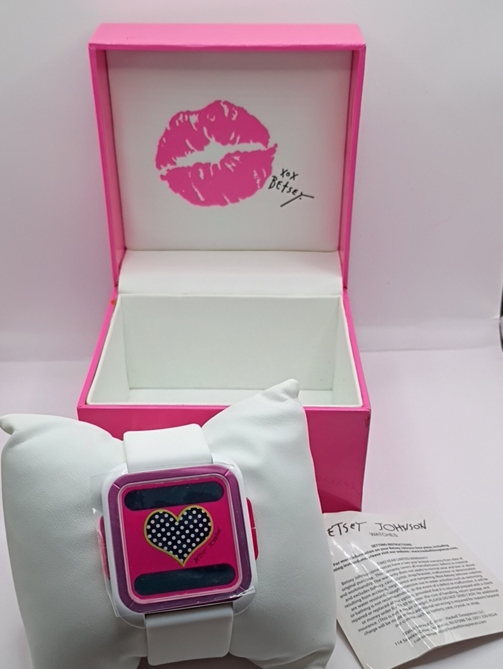 Betsey Johnson White Strap Watch with Pink Heart Face